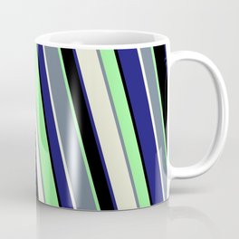 [ Thumbnail: Vibrant Slate Gray, Beige, Midnight Blue, Black, and Green Colored Stripes/Lines Pattern Coffee Mug ]