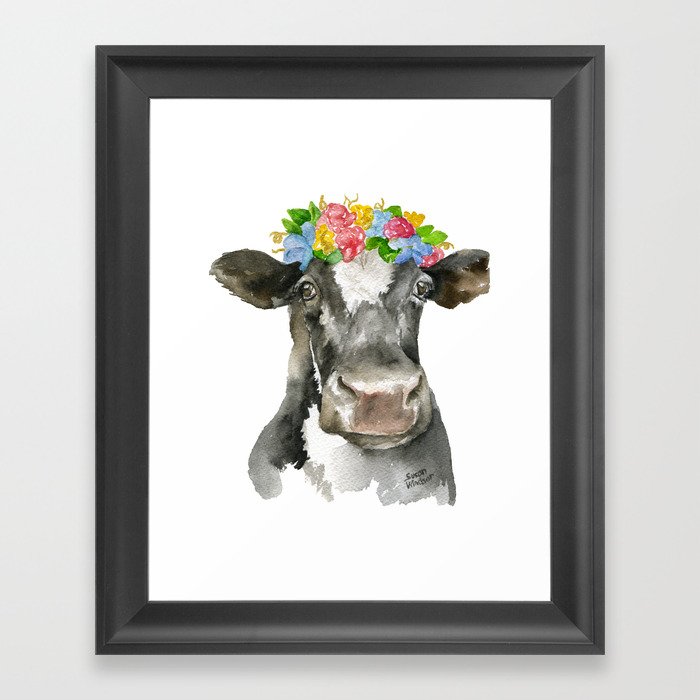 Black And White Cow With Floral Crown Watercolor Painting Framed