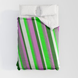 [ Thumbnail: Colorful Orchid, Gray, Lime, Mint Cream, and Dark Green Colored Stripes Pattern Comforter ]