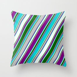 [ Thumbnail: Colorful Grey, Purple, Dark Turquoise, Mint Cream & Dark Green Colored Pattern of Stripes Throw Pillow ]