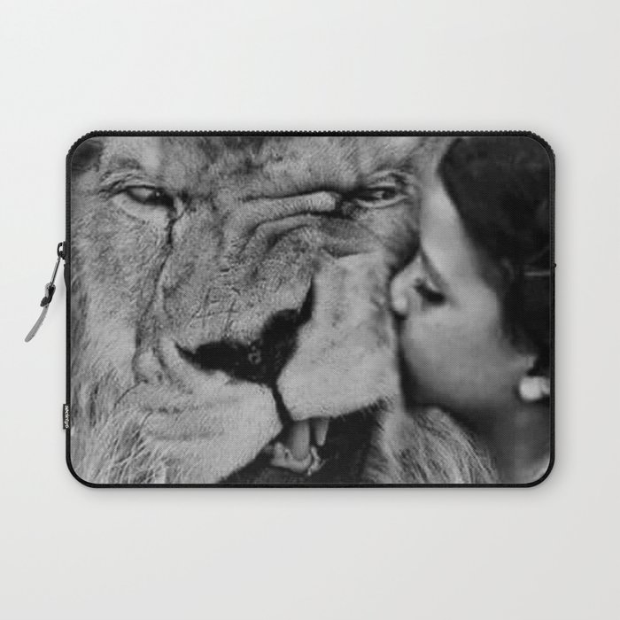 Grouchy Lion being kissed by brunette girl black and white photography Laptop Sleeve