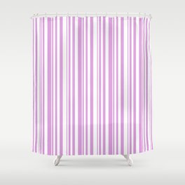 [ Thumbnail: White and Plum Colored Pattern of Stripes Shower Curtain ]
