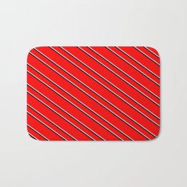 [ Thumbnail: Red, Light Gray, and Black Colored Lined Pattern Bath Mat ]