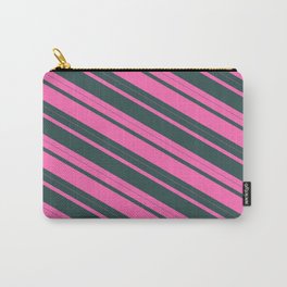 [ Thumbnail: Hot Pink and Dark Slate Gray Colored Lined Pattern Carry-All Pouch ]