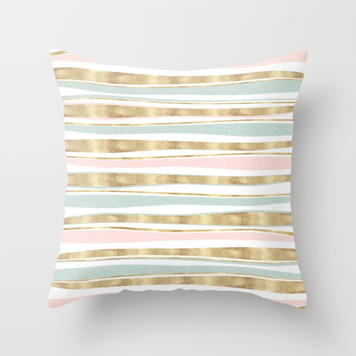 Cute Gold Stripes Doodles Pink Design Throw Pillow