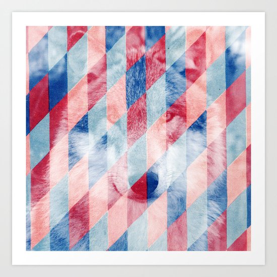 Red Blue Abstract Geometric Pattern Gray Wolf Head Art Print