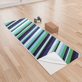 [ Thumbnail: Eye-catching Sea Green, Light Sky Blue, Mint Cream, Midnight Blue, and Black Colored Lined Pattern Yoga Towel ]