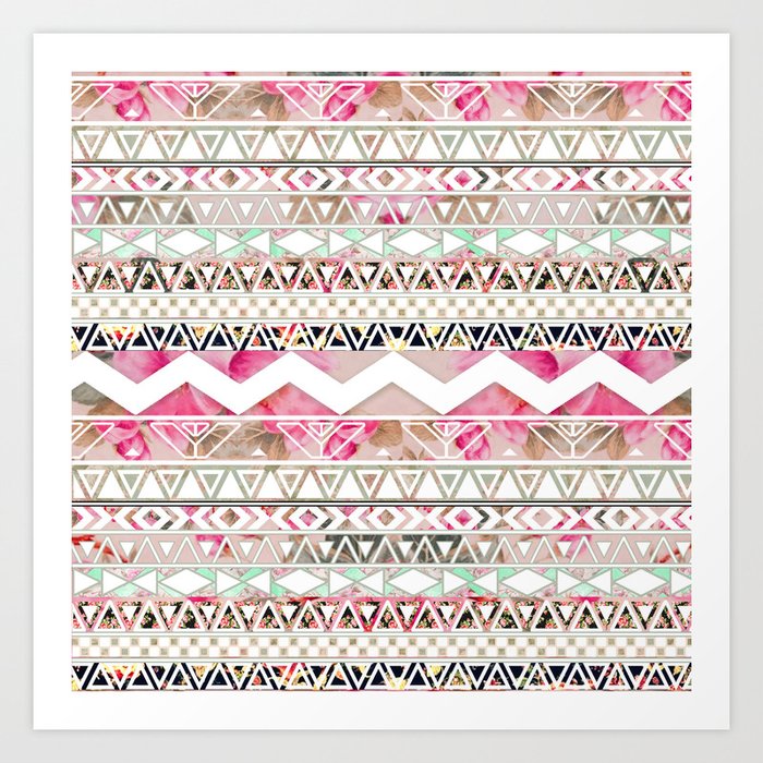 Aztec Spring Time! | Girly Pink White Floral Abstract Aztec Pattern Art Print
