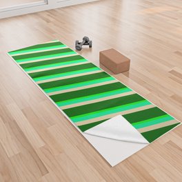 [ Thumbnail: Lime, Green, Tan & Dark Green Colored Striped/Lined Pattern Yoga Towel ]