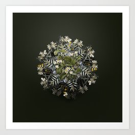 Vintage Snowdrop Bush Flower Wreath on Olive Green Art Print