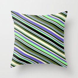 [ Thumbnail: Eye-catching Green, Black, Dark Olive Green, Light Yellow, and Slate Blue Colored Stripes Pattern Throw Pillow ]