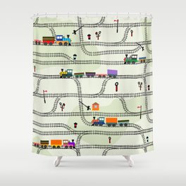 Funny kids seamless pattern railway with locomotives, wagons, semaphores. Turnpikes Shower Curtain