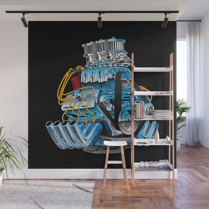 Classic Muscle Car Hot Rod Chrome Racing Engine Cartoon Wall Mural