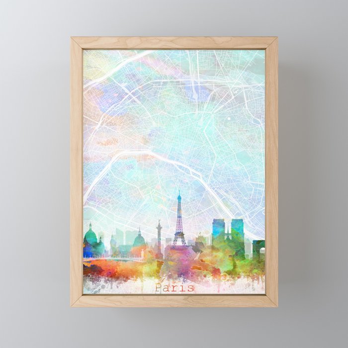 Paris Skyline Map Watercolor, Print by Zouzounio Art Framed Mini Art Print