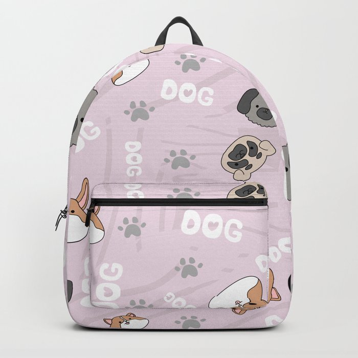 Violet pattern with cute, funny happy dogs. Paws prints, text and pets background for children. Backpack
