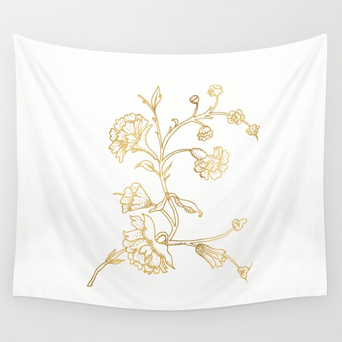 Golden Flower on White Background Wall Tapestry