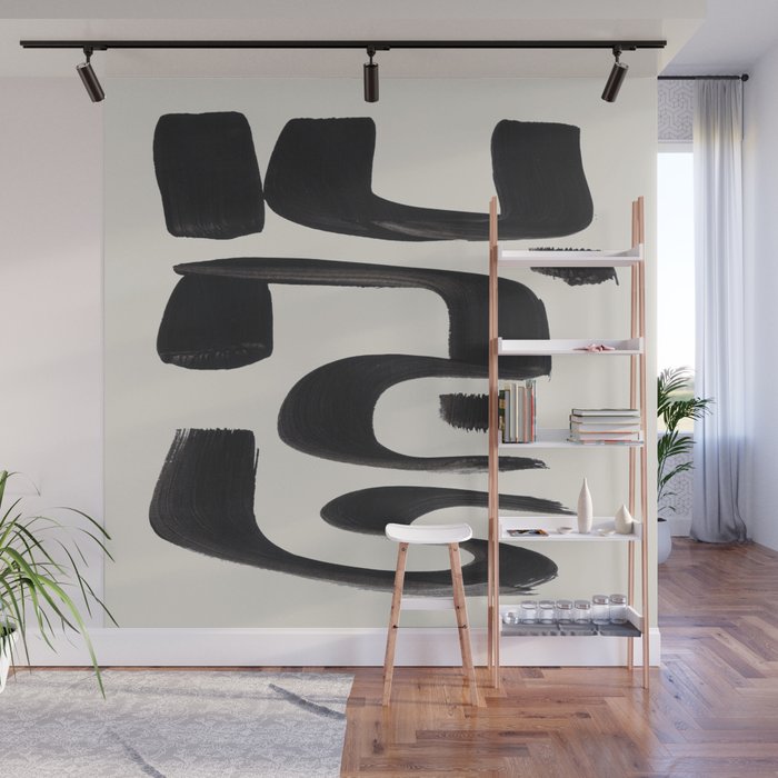 Mid Century Modern Minimalist Abstract Art Brush Strokes Black