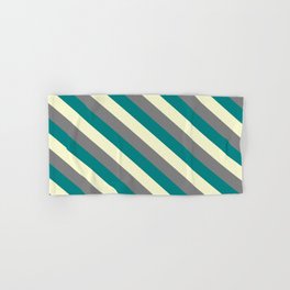 [ Thumbnail: Light Yellow, Gray & Teal Colored Lined/Striped Pattern Hand & Bath Towel ]