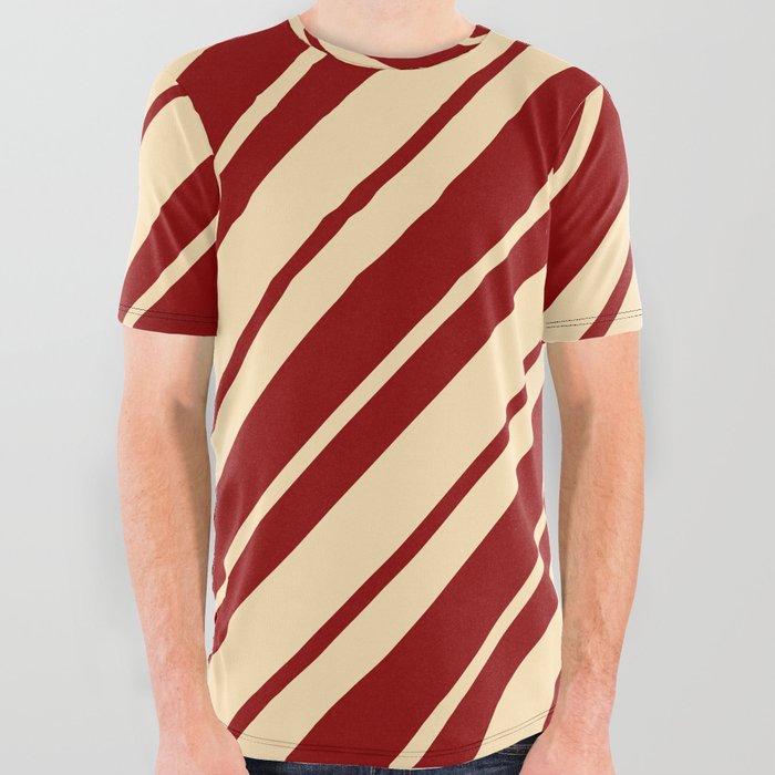 Beige and Dark Red Colored Stripes/Lines Pattern All Over Graphic Tee