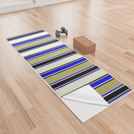 [ Thumbnail: Dark Khaki, Blue, Beige, and Black Colored Stripes/Lines Pattern Yoga Towel ]
