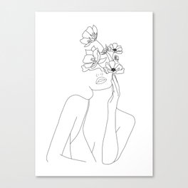 Minimal Line Art Woman with Flowers Canvas Print