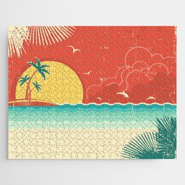 Vintage nature tropical seascape background with island and palms decoration on old paper poster texture.  Jigsaw Puzzle