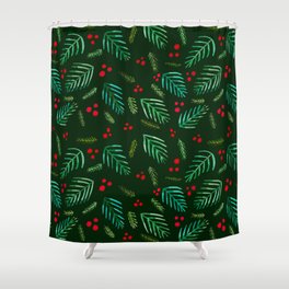 Christmas tree branches and berries - green Shower Curtain