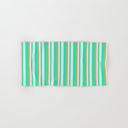 [ Thumbnail: Dark Salmon, Green & Lavender Colored Striped/Lined Pattern Hand & Bath Towel ]