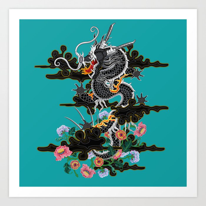 Dragon In Clouds With Peonies Motif Art Print By Kennandelmar