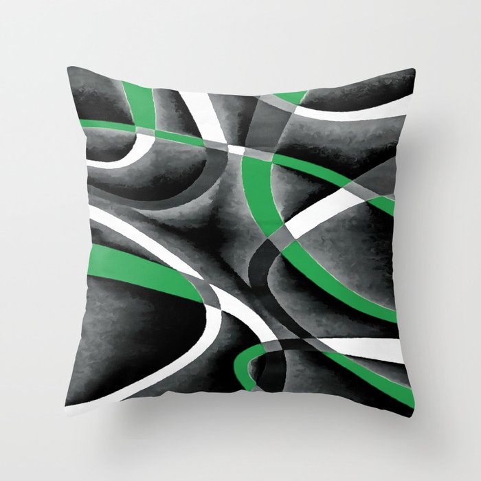 Eighties Blue-Green White Grey Line Curve Pattern On Black Throw Pillow