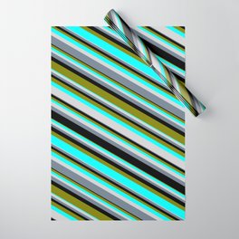 [ Thumbnail: Colorful Black, Green, Aqua, Light Gray, and Slate Gray Colored Stripes/Lines Pattern Wrapping Paper ]