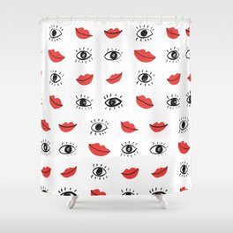 Vintage trendy pattern with hand drawn eyes and red lips.  Shower Curtain
