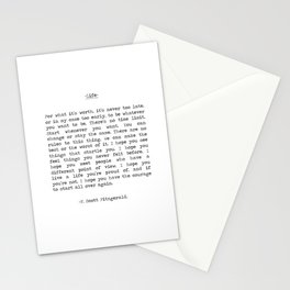 For What It's Worth, It's Never Too Late, F. Scott Fitzgerald quote, Inspiring, Great Gatsby, Life Stationery Card