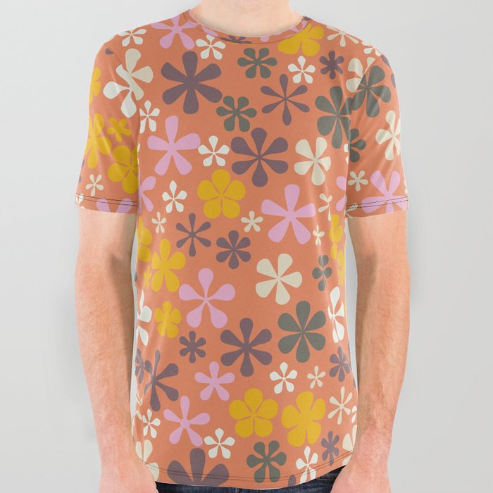 orange peach pink floral aesthetic eclectic daisy print ditsy florets All Over Graphic Tee