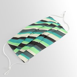 [ Thumbnail: Colorful Dark Slate Gray, Light Sea Green, Green, Beige, and Black Colored Stripes Pattern Face Mask ]