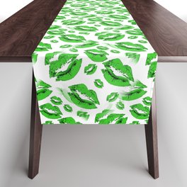 Two Kisses Collided Spring Green Lips Pattern On White Background Table Runner