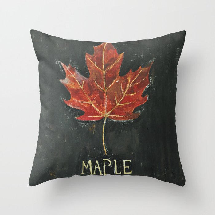 Fall Red Maple Leaf Black Background Throw Pillow