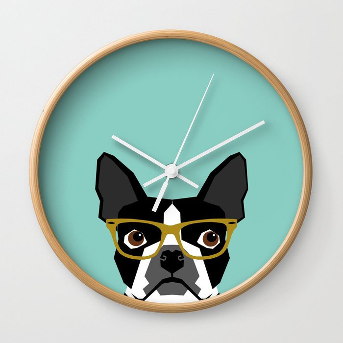 Darby - Boston Terrier pet design with hipster glasses in bold and modern colors for pet lovers Wall Clock