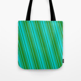 [ Thumbnail: Forest Green & Dark Turquoise Colored Striped Pattern Tote Bag ]