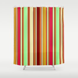 [ Thumbnail: Colorful Goldenrod, Maroon, Pale Goldenrod, Green, and Crimson Colored Lined Pattern Shower Curtain ]