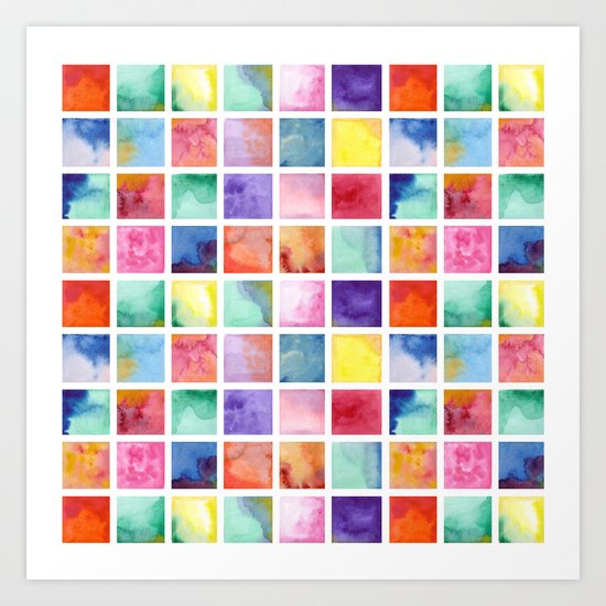 Watercolor . Squares. Geometric pattern . Art Print