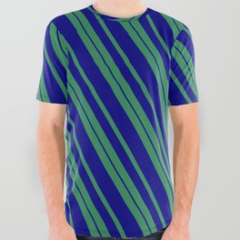 [ Thumbnail: Sea Green & Blue Colored Lines/Stripes Pattern All Over Graphic Tee ]