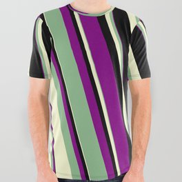 [ Thumbnail: Purple, Dark Sea Green, Light Yellow & Black Colored Lines/Stripes Pattern All Over Graphic Tee ]