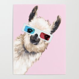 Sneaky Llama with 3D Glasses in Pink Poster