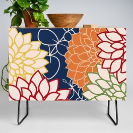 Colorful Floral Blooms and Leaves on Navy Blue Credenza