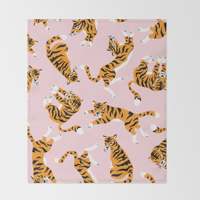 Cute tiger in the tropical forest hand drawn on pink background illustration Throw Blanket