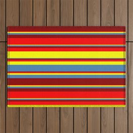 [ Thumbnail: Red, Yellow, Blue & Dark Red Colored Stripes/Lines Pattern Outdoor Rug ]