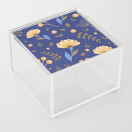 pattern with orange flowers, berries, branches on a dark blue background Acrylic Box