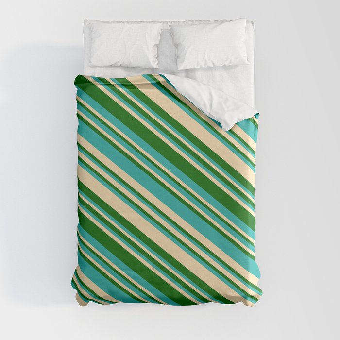 Light Sea Green, Beige, and Dark Green Colored Lined Pattern Duvet Cover