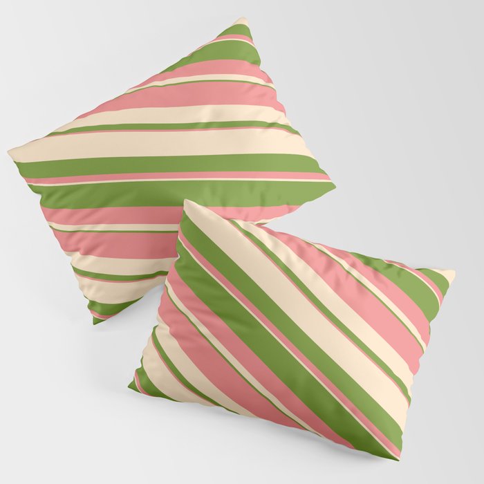 Bisque, Green, and Light Coral Colored Striped/Lined Pattern Pillow Sham